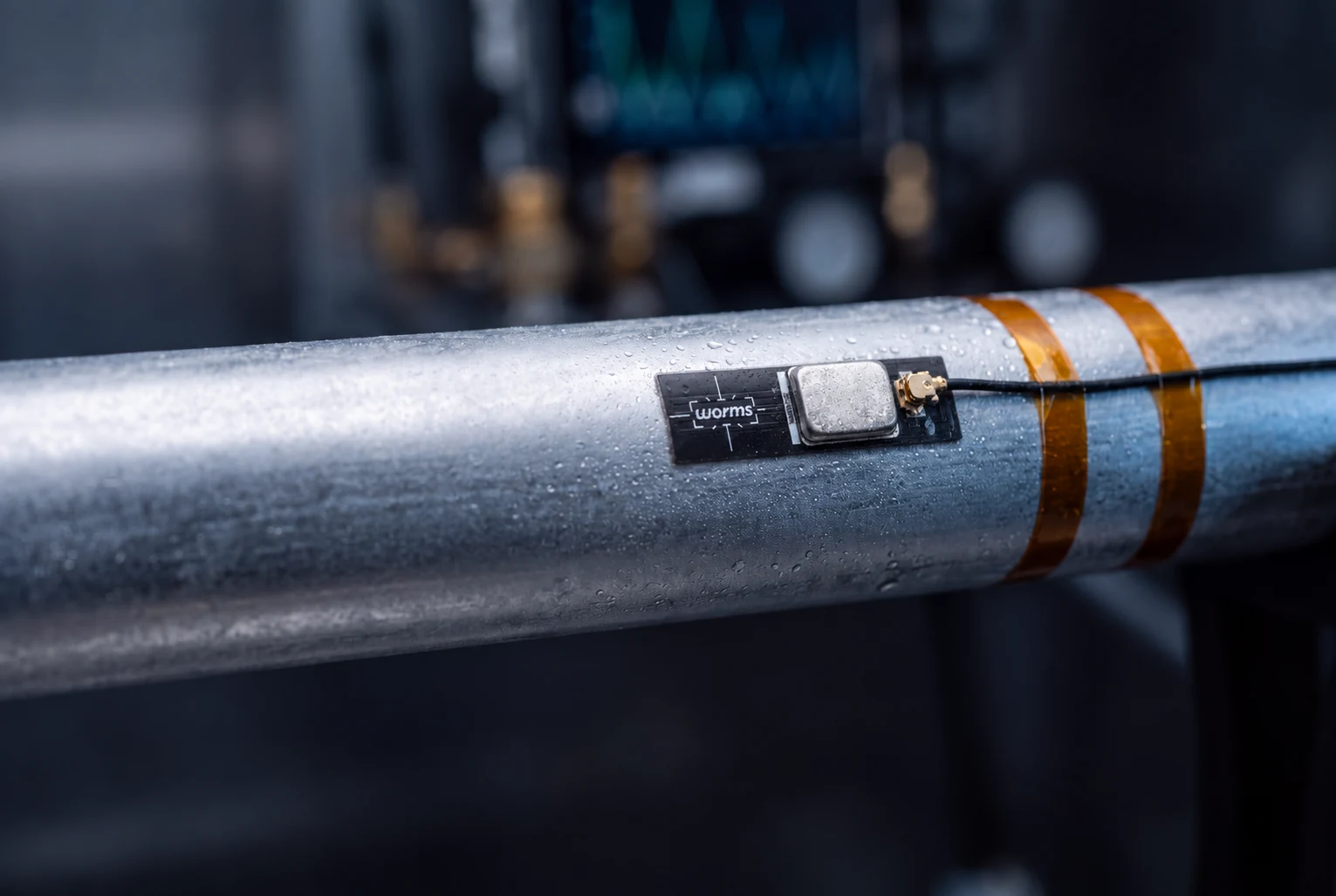 An IEPE Dragonfly® sensor bonded on a pipe beaded with condensation